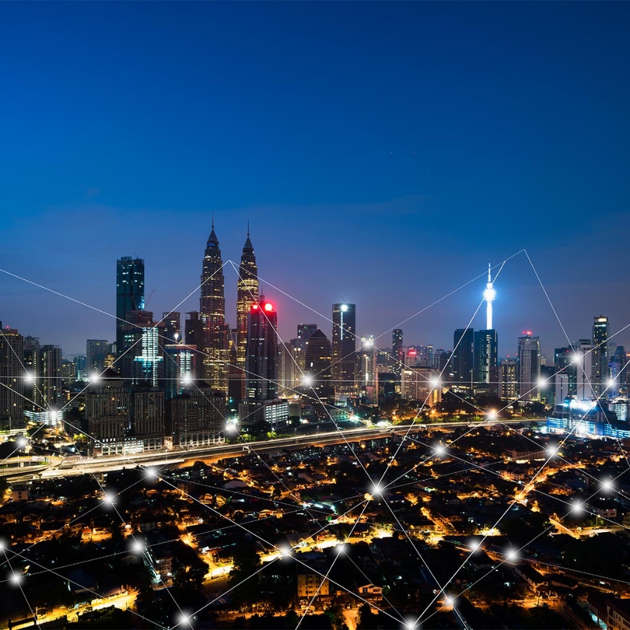 view of city under white mesh