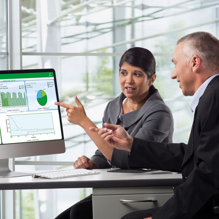 Two people analyzing the data in laptop