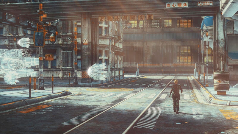 Man walking in abandoned futuristic city.
